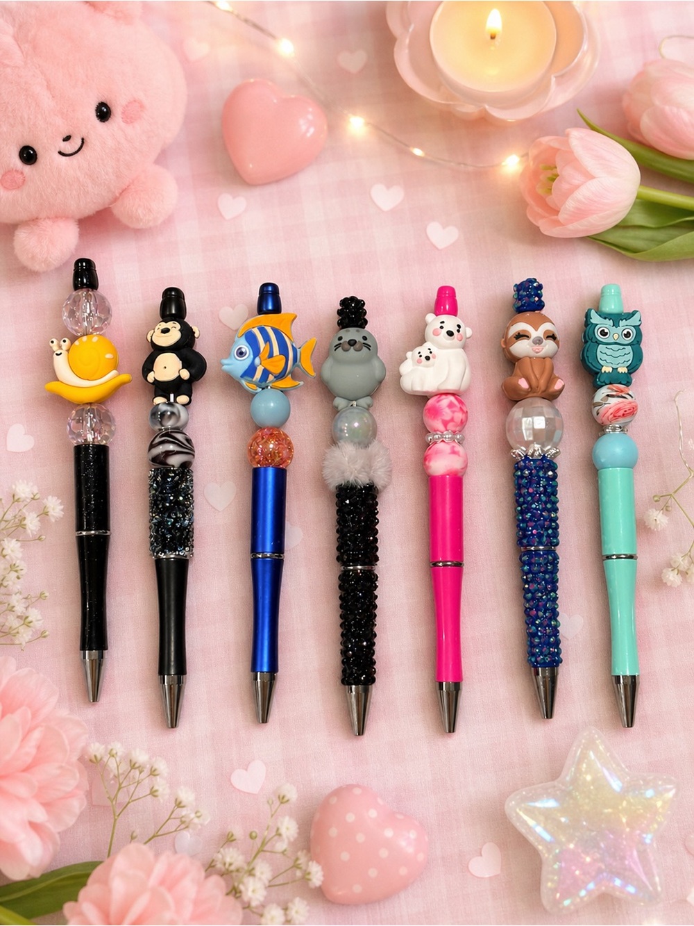 Set of seven animal themed handmade beaded pens